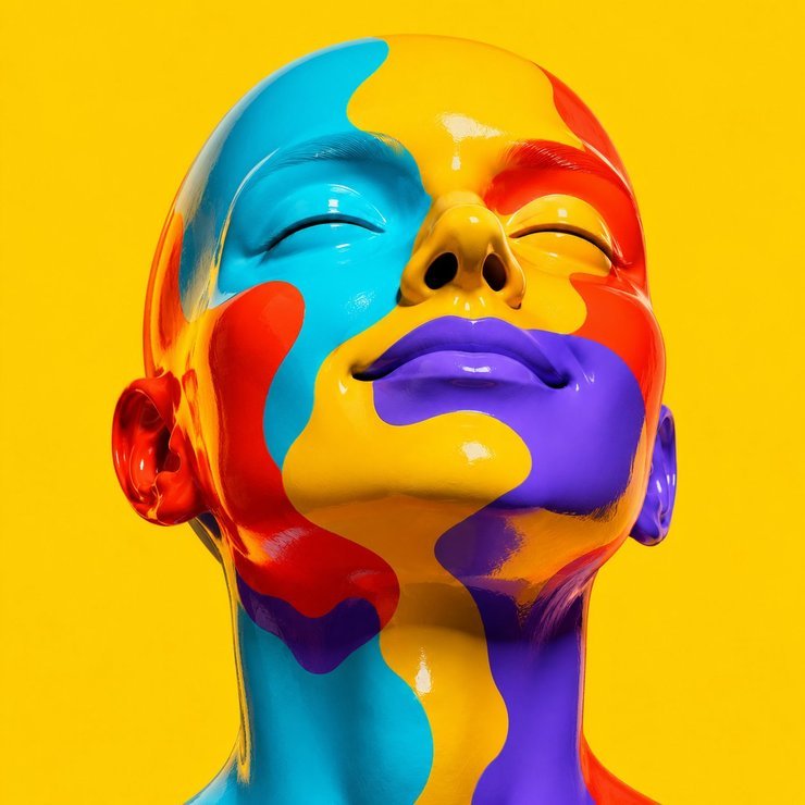 Glossy head painted in warm bright color blocks